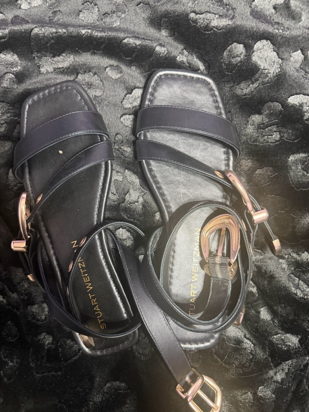 Stuart Weitzman Black Leather Strappy Sandals with Gold buckles